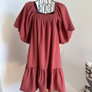 Entro Women’s Puff Sleeve Tiered Mini Dress Small Red Boho Casual Square Neck